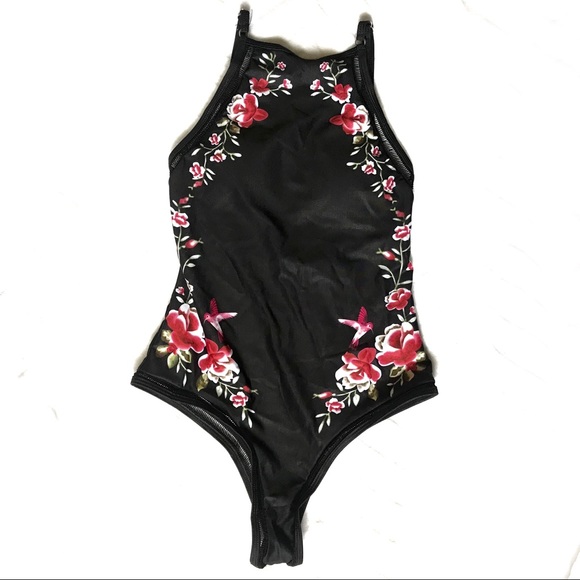 Black Floral One-Piece Swimsuit Cheeky Sm - Picture 2 of 10